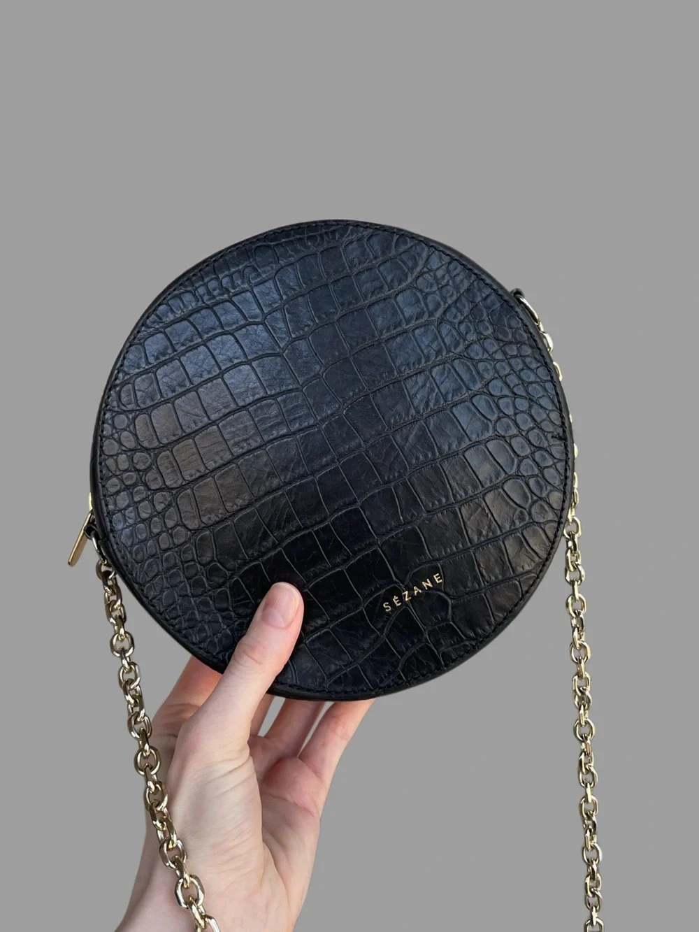 SEZANE Black Croc Embossed Leather Round Circle Crossbody Bag w/ Chain Strap